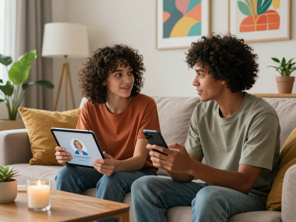 Couple using sex ai technology for relationship advice in a cozy living room.