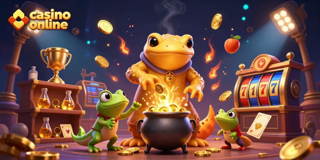 Engaging casino online scene with a golden salamander alchemist creating gold coins and dynamic slot machines.