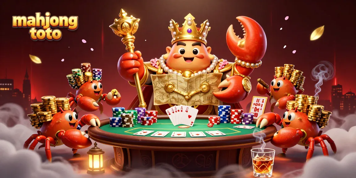 Play mahjong toto with the legendary crab emperor in an exciting casino scene, featuring vibrant elements.