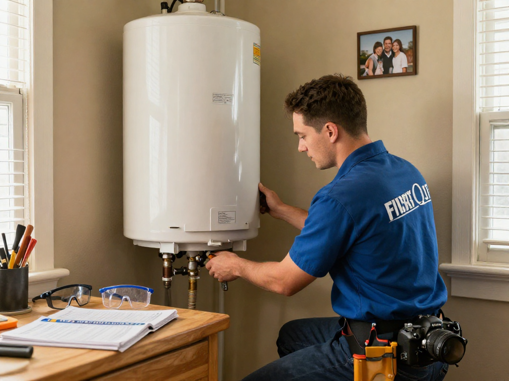 Professional inspecting direct water heater repair Fort Worth in a bright utility room.