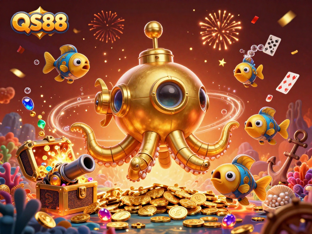 QS88 showcases an energetic underwater casino scene with golden kraken and magical elements.