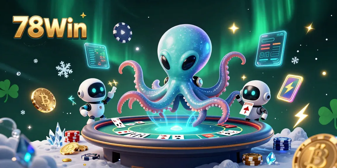 Experience a thrilling game scene with 78Win's alien octopus at a holographic poker table.