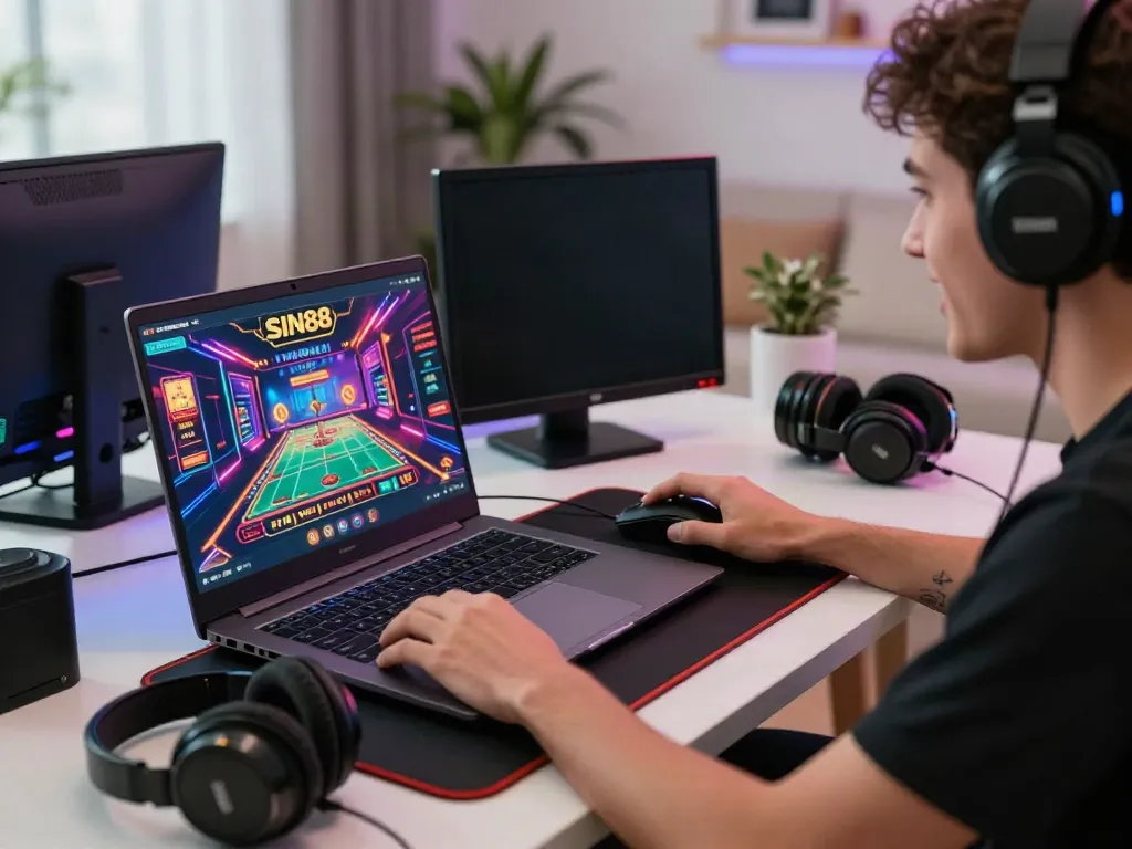 Player immersed in the SIN88 online gaming platform at home, showcasing an exciting gaming experience.