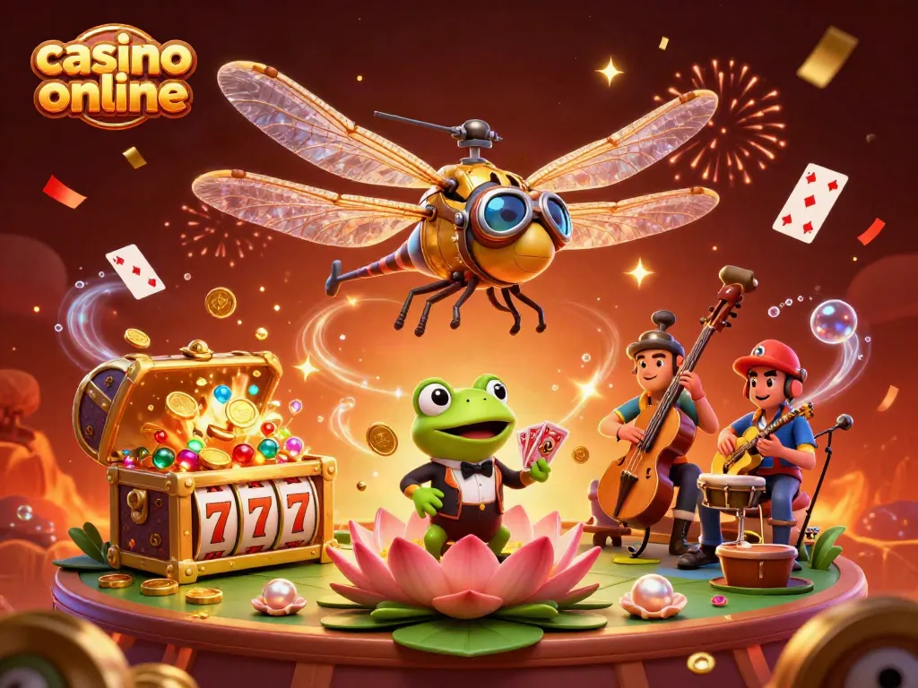 Experience thrilling moments with vibrant dragonfly and frog characters in a lively casino online scene.