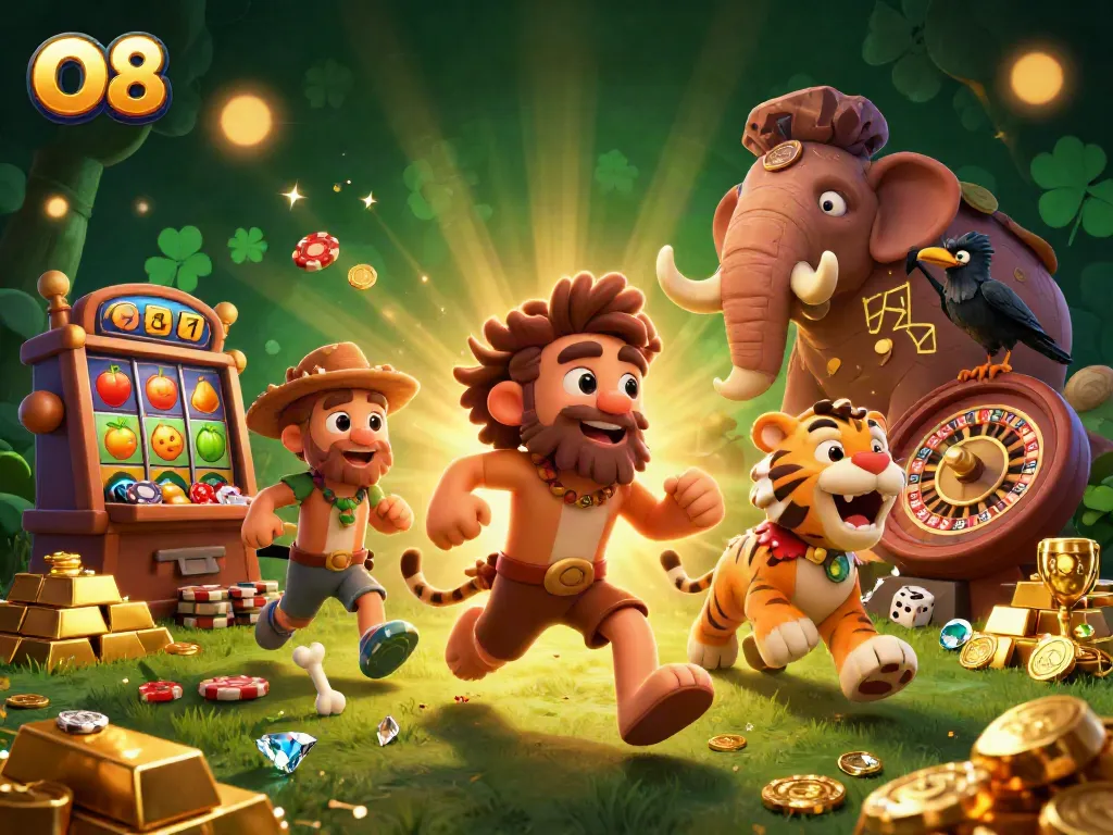 O8 casino characters interact at a lively prehistoric gambling center with vibrant slots and sparkling gems.