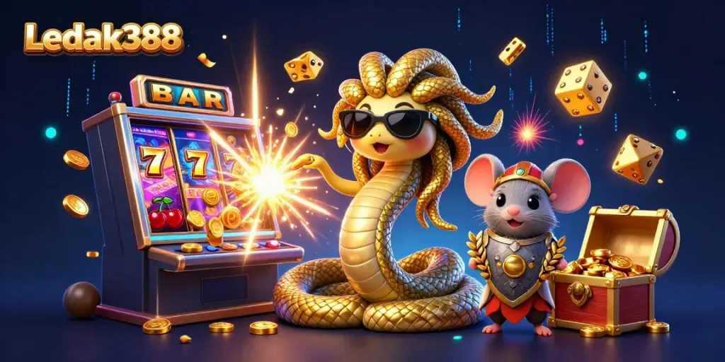 Experience Ledak388's vibrant casino scene with Medusa and a warrior mouse amidst slot machine treasures.