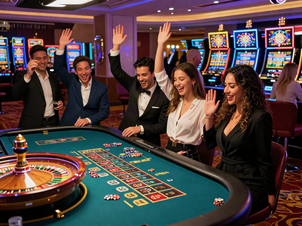 Exciting casino scene with friends celebrating a win at https://789win11.org/, surrounded by roulette, chips, and vibrant lights.