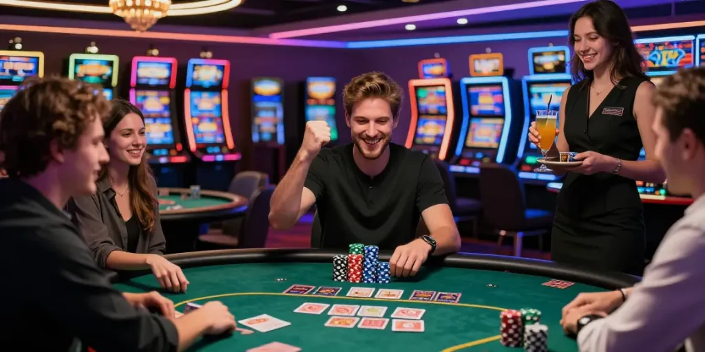 http://11bet-app.net/ vibrant casino scene with excited friends celebrating a poker win.
