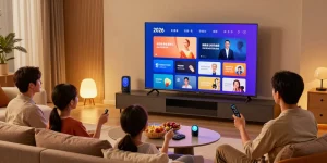 Family enjoying a smart TV 2026 with vibrant display in a cozy living room setting, showcasing modern technology integration.