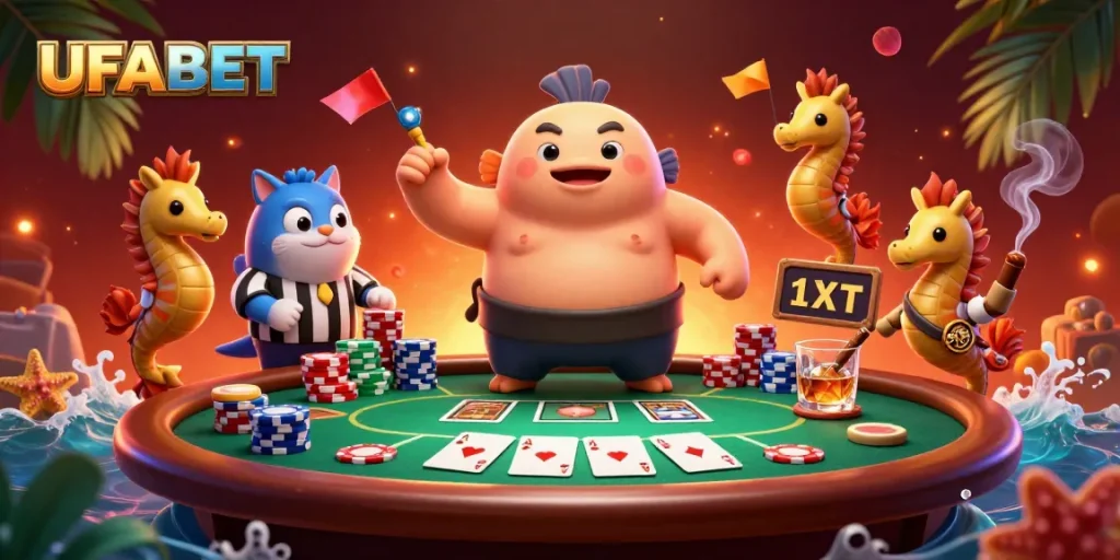 Experience UFABET with a dynamic underwater casino scene featuring a fugu in action.