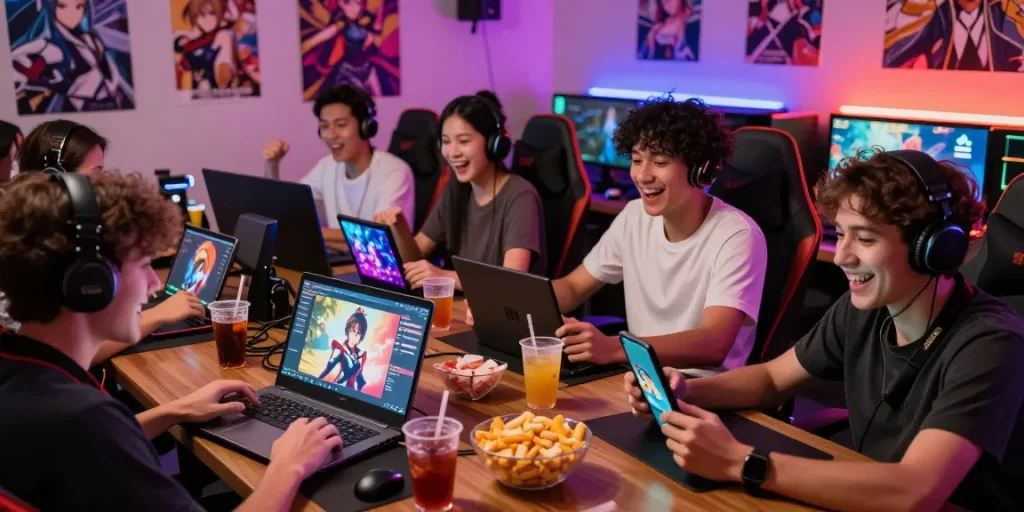 Gamers playing hentai games on multiple devices in a lively lounge.