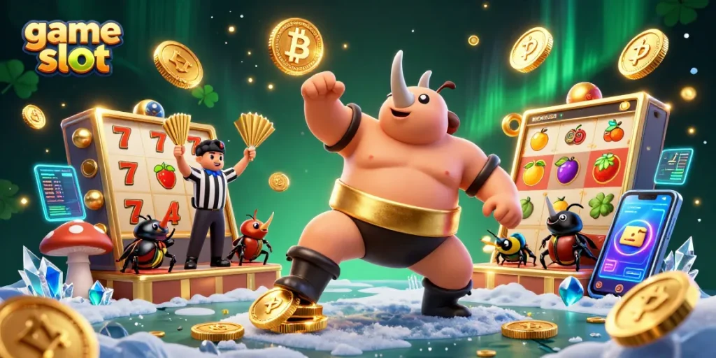 Experience the exhilarating game slot scene with a cartoon beetle champion and vibrant casino elements.