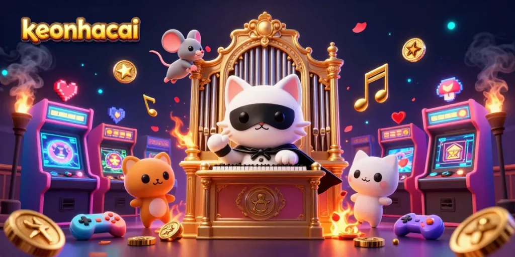 Engage with keonhacai's vibrant casino atmosphere, featuring a whimsical cat and arcade elements.