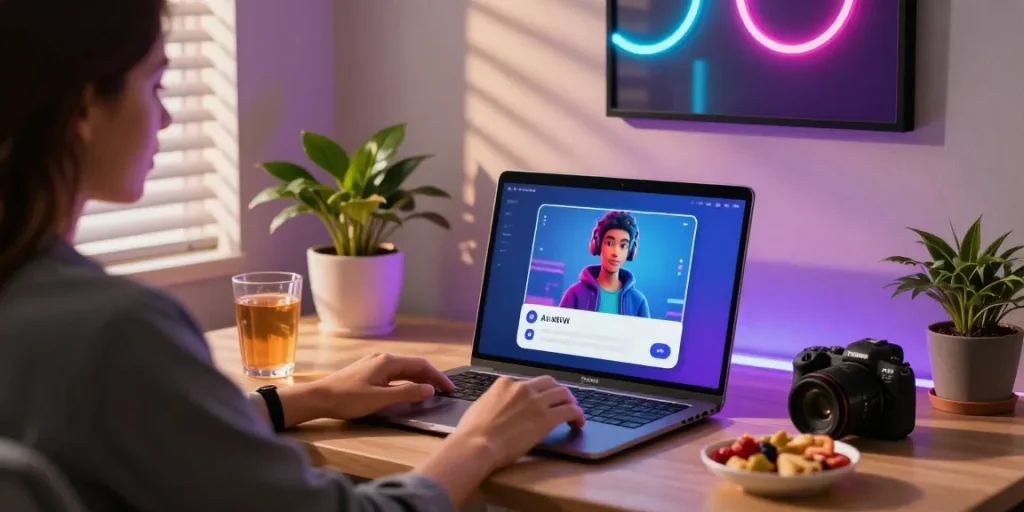 Engaging in ai nsfw chat with a custom character in a cozy home office setup.