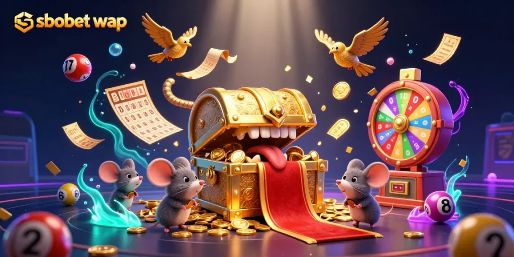 Engage in sbobet wap betting magic with a treasure chest mimic and bouncing lottery balls.