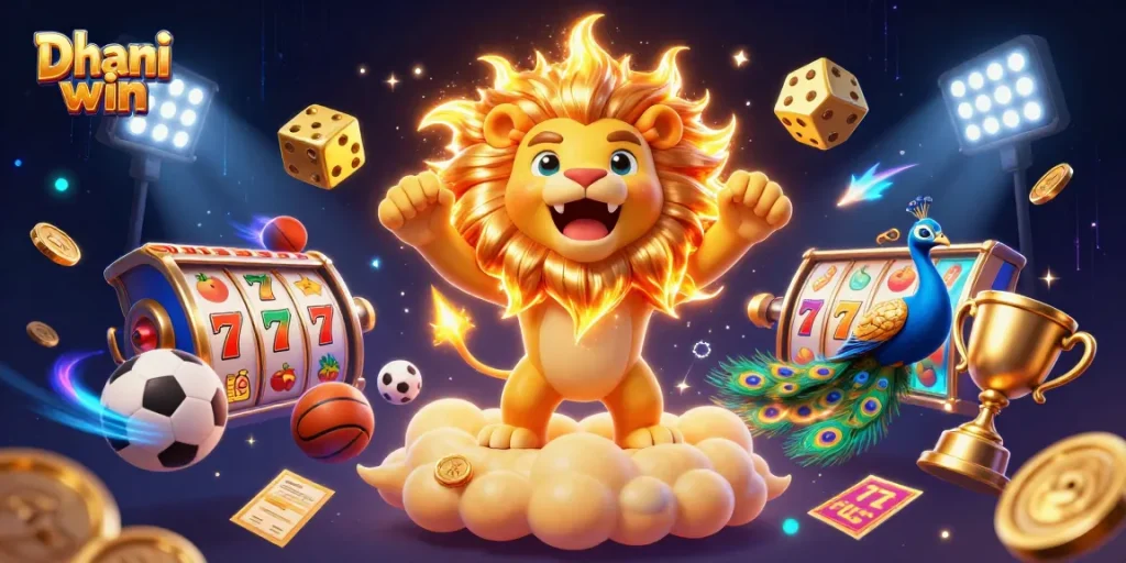 Dive into Dhani win’s thrilling gaming action amidst dazzling 3D illustrations of slots, dice, and trophies.
