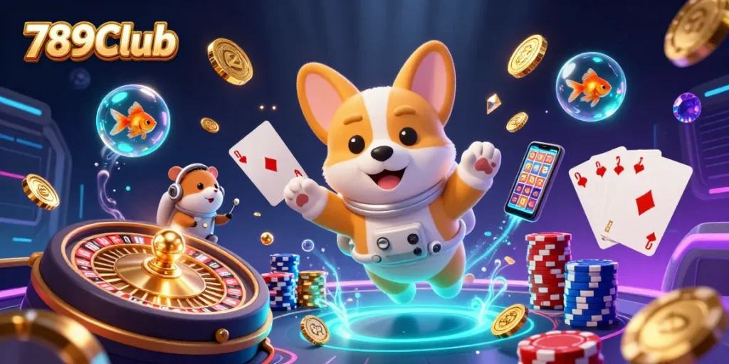 Experience gaming excitement at 789Club with vibrant 3D casino illustration featuring a playful astronaut corgi.