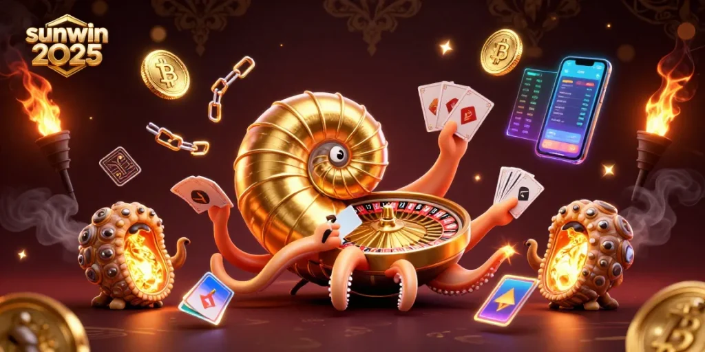 Experience sunwin 2026 with a vibrant, engaging casino scene featuring a golden roulette wheel and crypto elements.