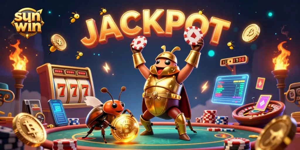 Experience the thrill of sun win as a hercules beetle triumphs in a vibrant casino scene filled with rich gaming elements.