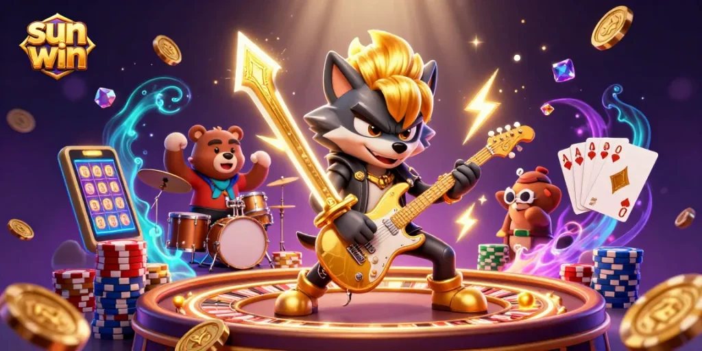 Experience sun win excitement with a vibrant casino scene featuring animated characters and dynamic gambling elements.