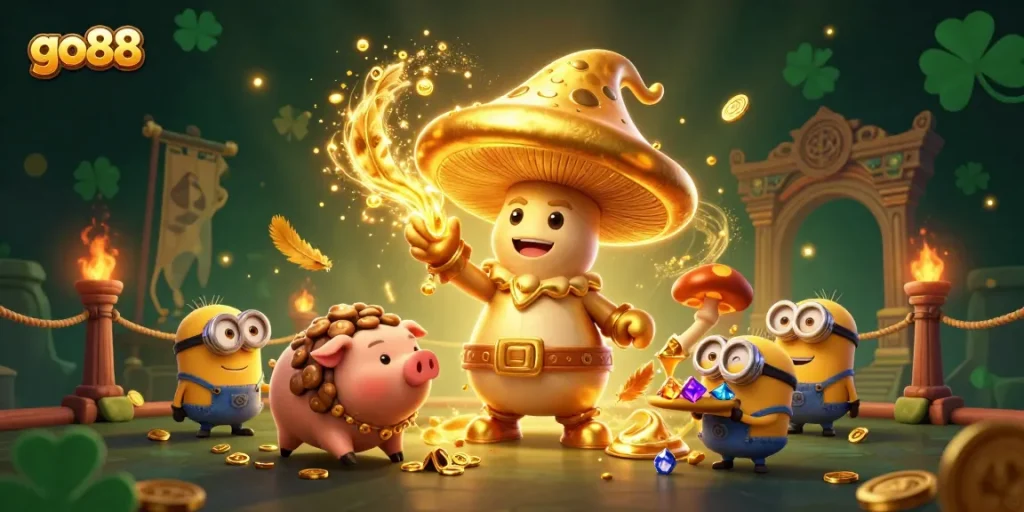 Experience go88's thrilling magic with a golden wizard and treasure-seeking pig amidst vibrant casino elements.