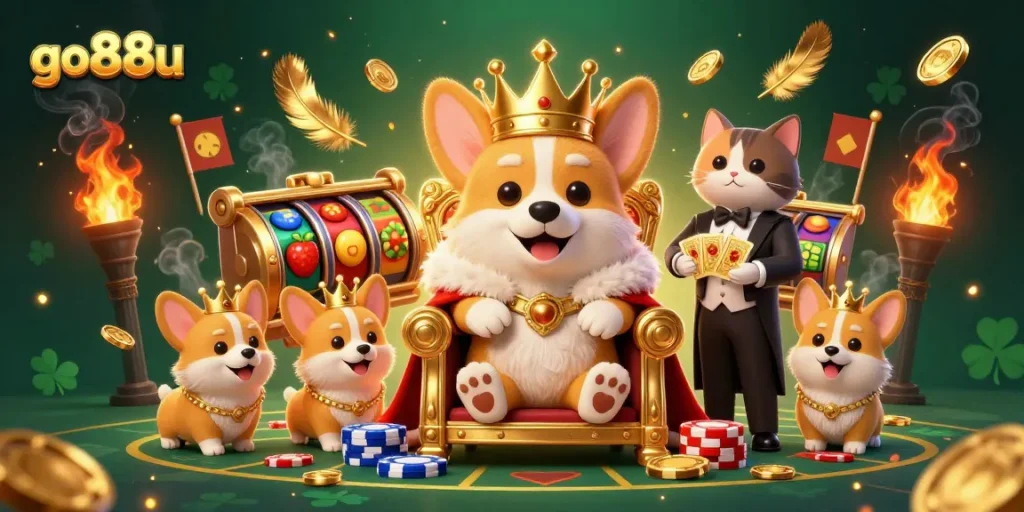 Engage in thrilling gameplay at go88u with a royal corgi and slot game elements gleaming in gold.
