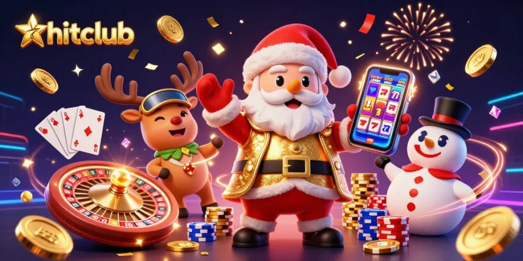 Experience excitement at hitclub with Santa and friends celebrating casino wins!